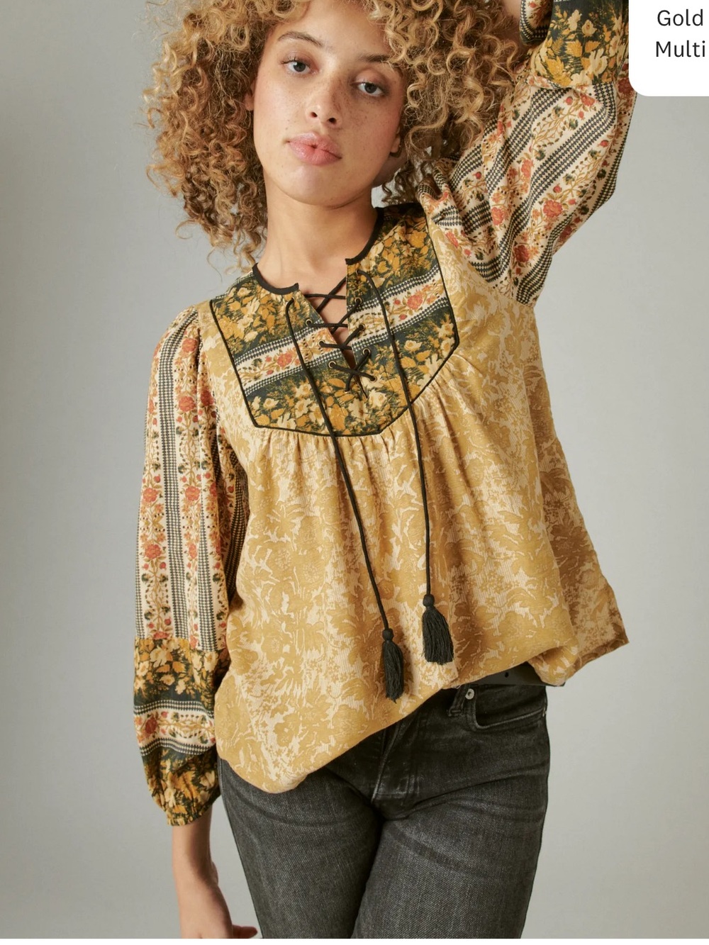 NWT! Lucky Brand Boho Lace-Up Peasant Top in Gold, size XL